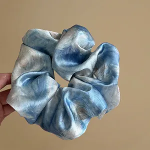 Starry sky blue satin scrunchie with elegant ink marble pattern for women hair accessories