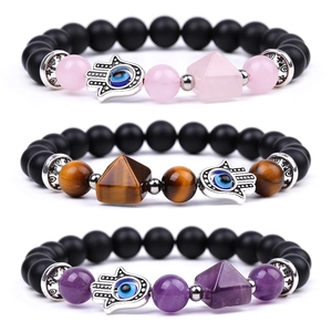 Handmade amethyst and tiger eye pyramid bracelets with Hamsa Hand and Evil Eye charms
