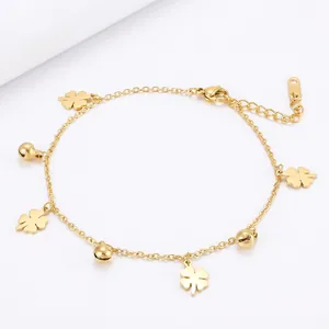 Titanium Steel Four Leaf Clover Anklet Lucky Bell Pendant Adjustable Extension Chain Elegant Jewelry For Women
