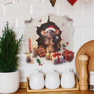 Christmas 3D Wall Sticker PVC Cartoon Mouse Santa Hat Gift Box Pothole Design Festive Home Decor Decal