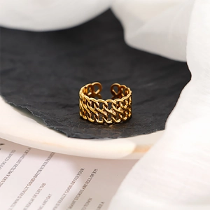 Detail view of 18k gold plated stainless steel ring with double row woven texture