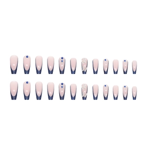 Blue glitter French tip ballerina nails with silver butterfly and dark blue rhinestones