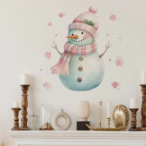 Watercolor snowman wall sticker with pink scarf on a cozy white wall background