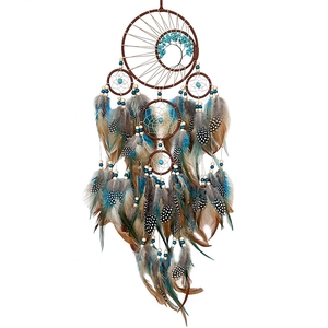 Large Tree of Life dream catcher with turquoise beads and brown teal spotted feathers