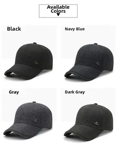 Close-up of baseball caps in black, navy, and grey colors with metal side logo details