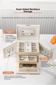 Detail view of large jewelry box featuring side necklace wings and built-in vanity mirror