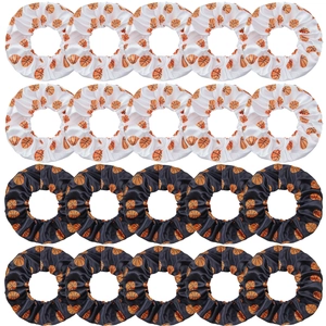 Set of 20 basketball print silk scrunchies in black and white colors, top view layout