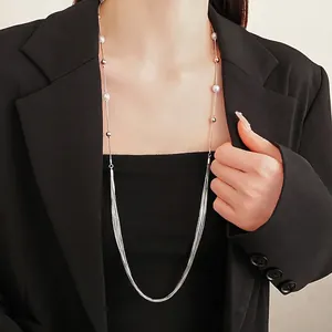 Long Multi Layer Necklace With Alloy Tassel Chains And Imitation Artificial Pearls Elegant Fashion Jewelry For Women Silver Tone