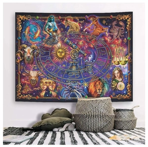 Detailed view of Zodiac tapestry showing astrology patterns and constellation names