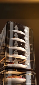 Stackable transparent food cover showing multi-layer storage with diamond ventilation holes