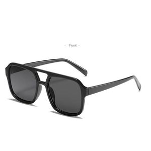 Front view of black square double-bridge pilot sunglasses with dark grey lenses
