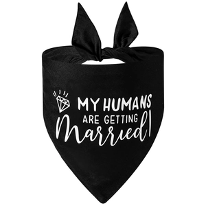 Detail of black pet wedding bandana with white My Humans Are Getting Married text and bow