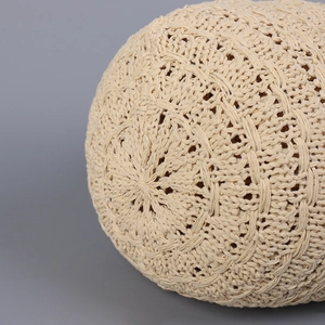 Macro view of geometric crochet pattern and breathable knit texture on beige sun hat