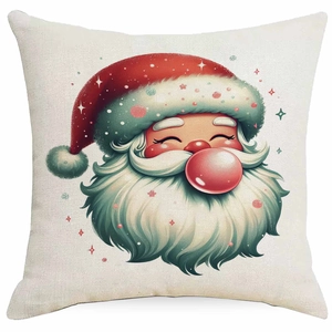 Close-up of the woven texture on a square linen Christmas pillowcase with Santa print