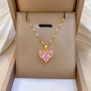 Heart Pendant Necklace Titanium Steel Gold Plated Copper Pink Zircon Elegant Dainty Clavicle Chain Jewelry For Women