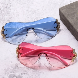 Y2K rimless gradient sunglasses with rhinestones in sky blue and rose pink