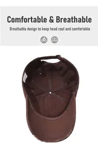 Detail view of brown cotton baseball cap interior showing stitching and adjustable strap