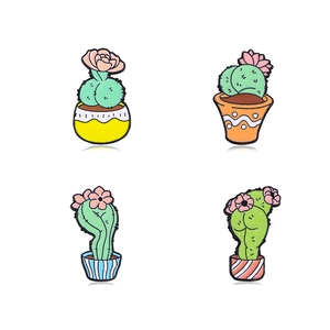 Set of four cute cartoon cactus enamel pins with colorful pots and floral details
