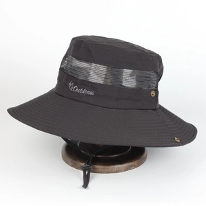 Detail view of breathable mesh band and outdoor embroidery on grey sun hat