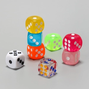 Close-up of eight colorful transparent resin six-sided dice in various vibrant shades
