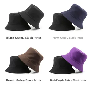 Detail view of double-sided cotton bucket hats in black, navy, coffee and purple colors