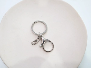 Dettaglio del moschettone in metallo argento con catena e anello portachiavi rotondo