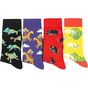 Lot de 4 chaussettes colorées avec motifs animaux : girafe, chat, caméléon et souris stylisés