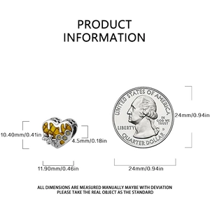 Detailed dimensions of silver heart bead with honey bee charm next to a US quarter coin