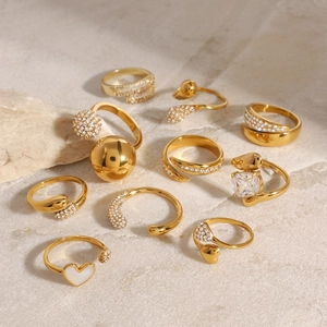 Set of 10 minimalist 18k gold plated stainless steel open rings with zircon and stone