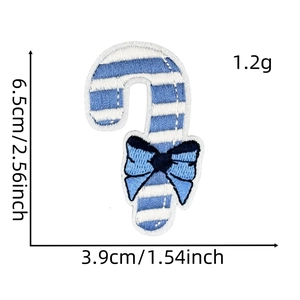 Detail view of blue candy cane embroidery patch with dimensions 6.5cm height and 3.9cm width