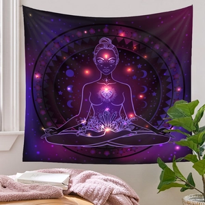 Detail of meditation tapestry with purple mandala, moon phases, and glowing heart crystal