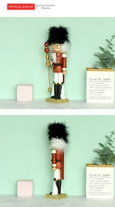 Close-up of a 35cm red nutcracker king with glitter details and fluffy hat for home decor