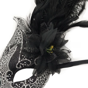 Dettaglio ravvicinato di una maschera da ballo vintage con piume nere e trame in pizzo argento