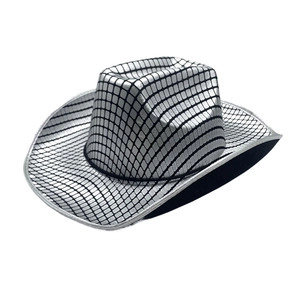 Detail of silver checkered cowboy hat with metallic disco finish and black trim binding