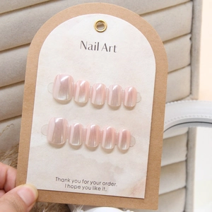 Handmade Pink Mirror Cat Eye Press On Nails Glossy Artificial False Finger Nails Removable Full Cover For Women
