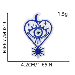 Evil eye heart embroidered patch in blue and white with detailed dimensions and weight