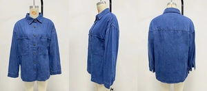 Detailed front side and back views of a vintage dark blue denim shirt with breast pockets