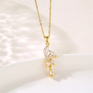 18K gold leaf pendant necklace with micro-paved marquise zircons on stainless steel chain