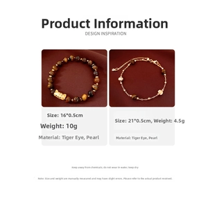 Détail montrant les dimensions et le poids du bracelet en oeil de tigre et perles
