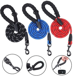 Reflective Pet Leash Round Rope Polyester Zinc Alloy Hook Foam Handle With Poop Bag Dispenser For Large Dogs Outdoor Walking