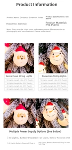 Detailed chart showing Santa and Snowman PVC light string sizes and USB power options