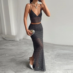 Polka Dot Print Mesh Camisole Crop Top And Long Skirt Streetwear Trendy Sleeveless See Through Outfit For Women
