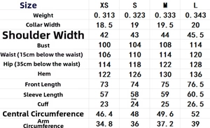 Detailed size chart for gray casual blazer jacket with specific item measurements