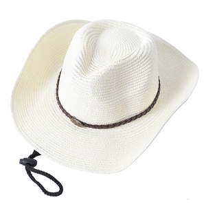 Chapeau de cowboy en paille blanche avec ruban marron et mentonnière réglable