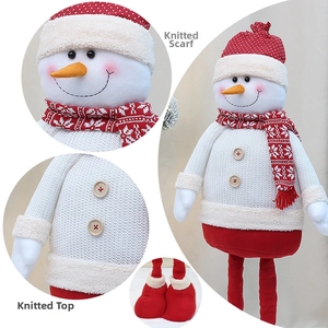 Detailed views of a 38-inch Christmas snowman plush with knitted scarf and wooden buttons