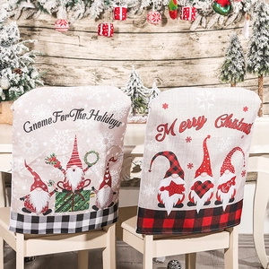 Linen Christmas chair covers featuring festive gnomes and buffalo plaid patterns