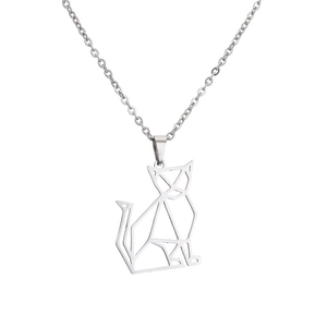 Minimalist silver geometric cat pendant necklace in stainless steel on white background