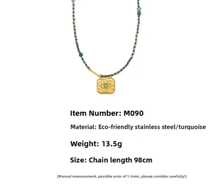 Detailed view of handmade natural turquoise beaded necklace with evil eye square pendant