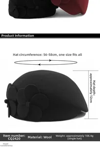 Detailed view of black wool beret with flower accent showing size 56-58cm dimensions