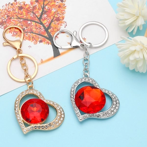 Sparkling red crystal heart keychain with rhinestones and gold metal lobster clasp